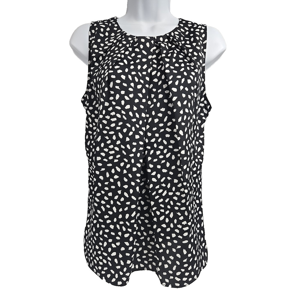 Ann Taylor Womens Sleeveless Navy Blue White Pleated Round Neck Top Size S